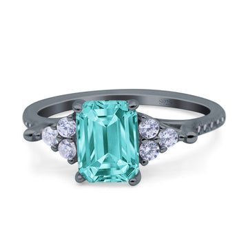 Art Deco Emerald Cut Wedding Bridal Ring Black Tone, Simulated Paraiba Tourmaline CZ 925 Sterling Silver